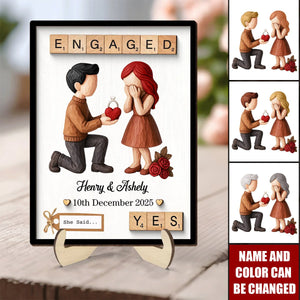 Personalized Couple Engagement Proposal 2-Layered Wooden Plaque With Names & Date & Icons - Valentine's Day Proposal Gift For Couples