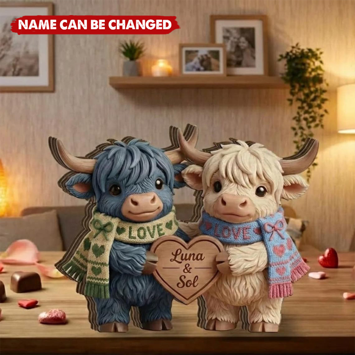 Personalized Highland Cow Couple Figurine With Names | Rustic Farmhouse Tabletop Decor Gift For Anniversary Valentine's Day For Couple