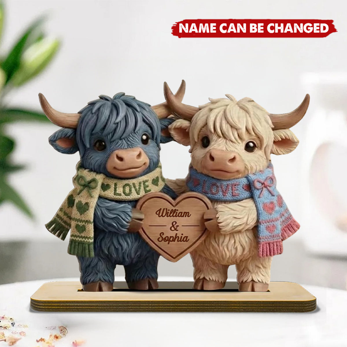 Personalized Highland Cow Couple Figurine With Names | Rustic Farmhouse Tabletop Decor Gift For Anniversary Valentine's Day For Couple