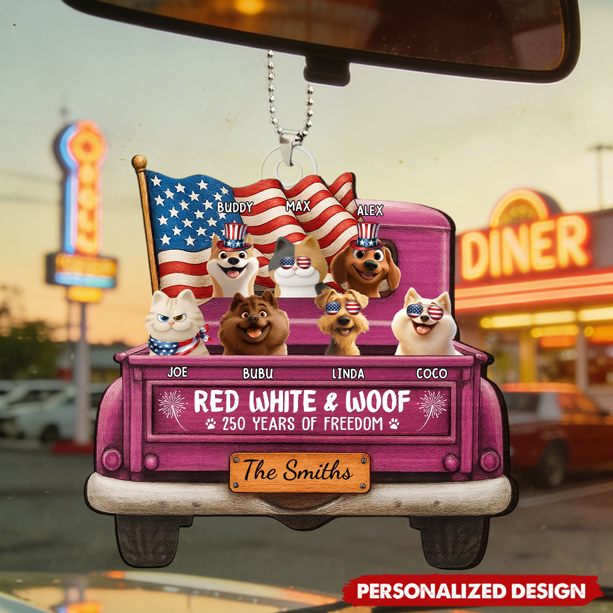 Customized Vintage Truck USA "250 Years Of Freedom" Acrylic Car Ornament With Name & Dog Breed - Unique Independence Day For Pet Parents