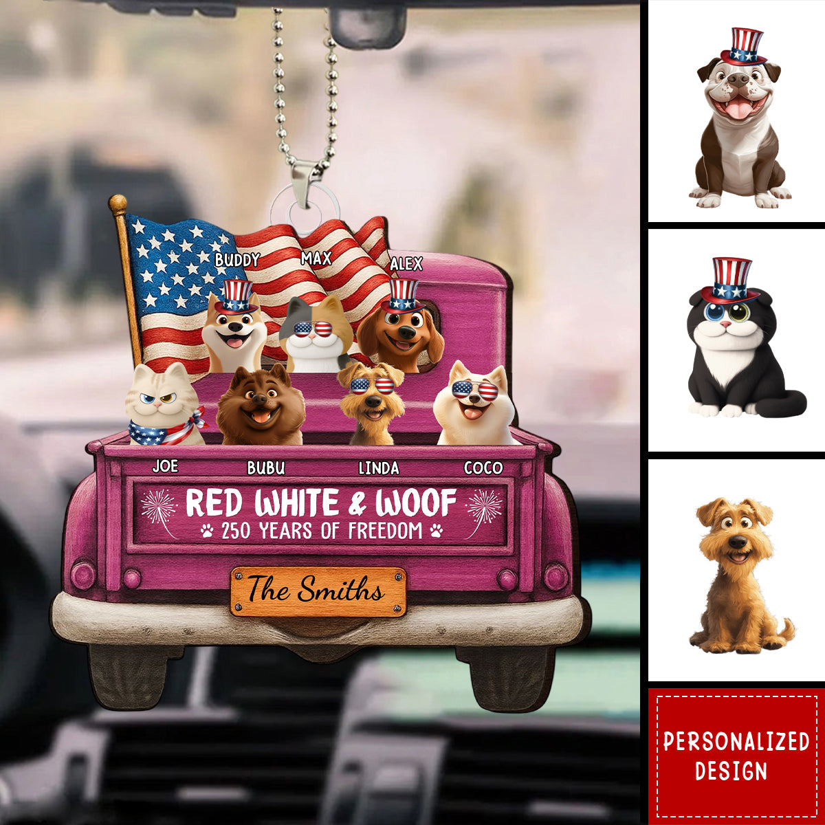 Customized Vintage Truck USA "250 Years Of Freedom" Acrylic Car Ornament With Name & Dog Breed - Unique Independence Day For Pet Parents