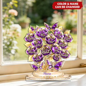 Personalized Butterfly & Roses Family Tree Acrylic Plaque With Family Names - Birthday Surprise Mother's Day Gift For Mom & Grandma