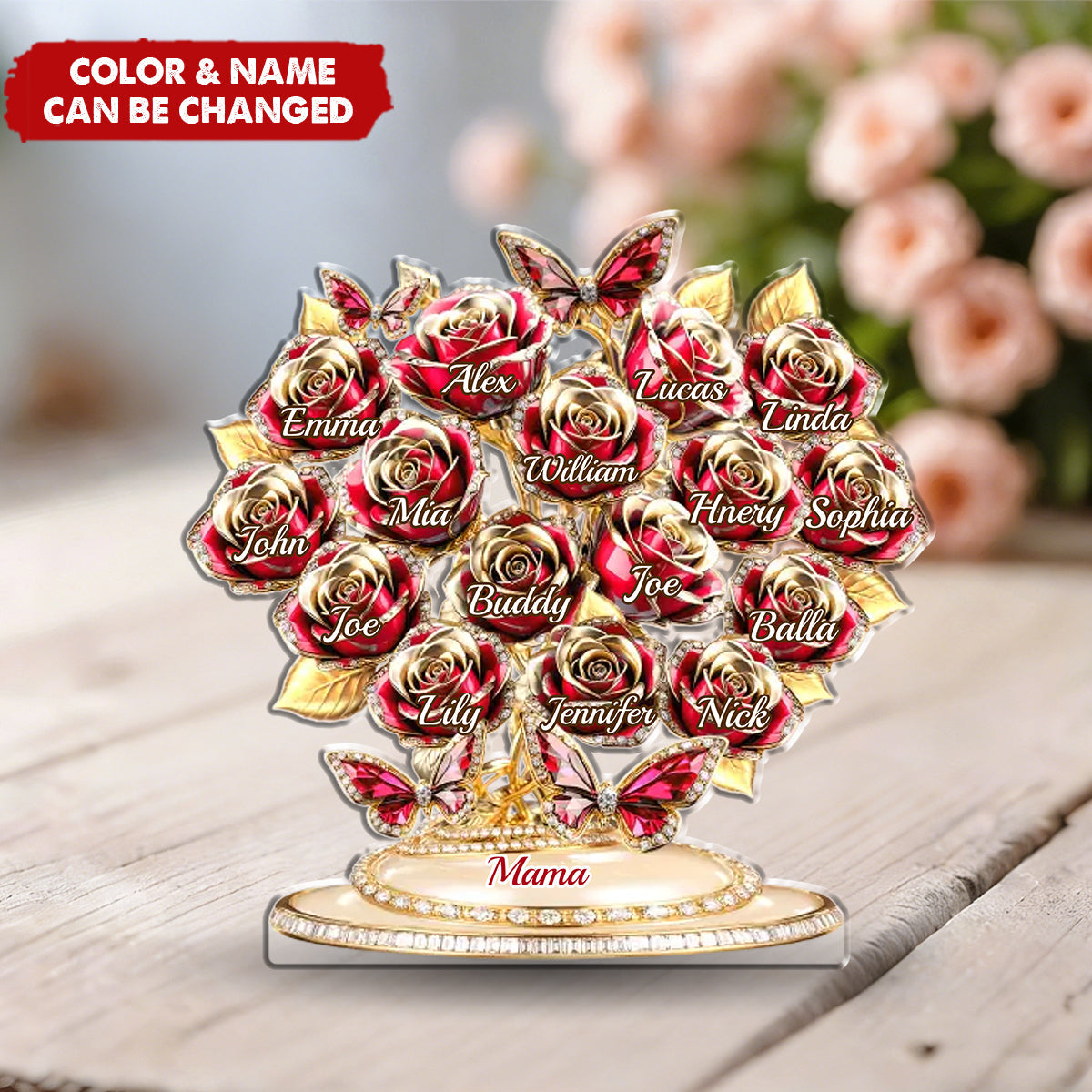 Personalized Butterfly & Roses Family Tree Acrylic Plaque With Family Names - Birthday Surprise Mother's Day Gift For Mom & Grandma