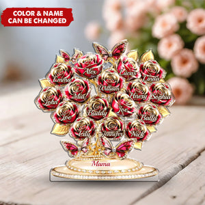 Personalized Butterfly & Roses Family Tree Acrylic Plaque With Family Names - Birthday Surprise Mother's Day Gift For Mom & Grandma