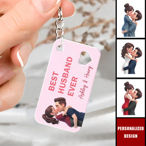 Personalized Cartoon Couple Hugging Kissing Acrylic Keychain With Names & Design | Romantic Anniversary Valentine's Day Gift For Husband Wife