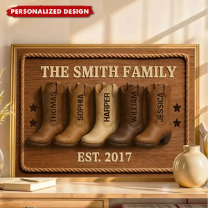 Personalized Western Style Family Cowboy Boots Poster With 2-8Names & Year & Text | Heartwarming Home Decor Gift for Mom Dad Families