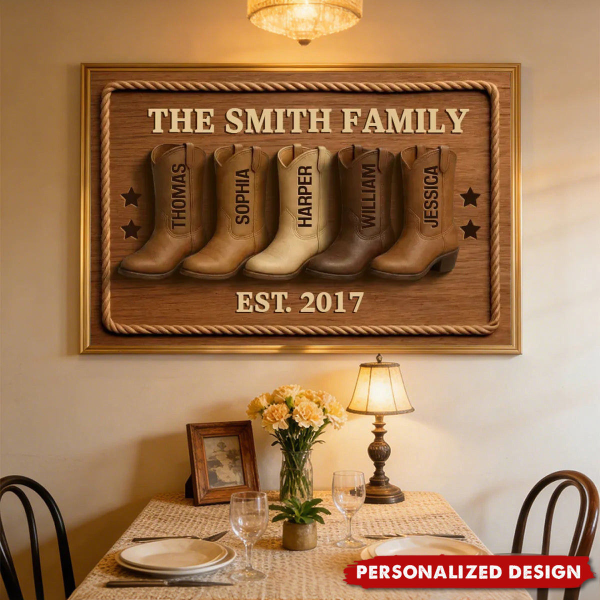 Personalized Western Style Family Cowboy Boots Poster With 2-8Names & Year & Text | Heartwarming Home Decor Gift for Mom Dad Families
