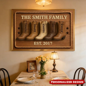 Personalized Western Style Family Cowboy Boots Poster With 2-8Names & Year & Text | Heartwarming Home Decor Gift for Mom Dad Families