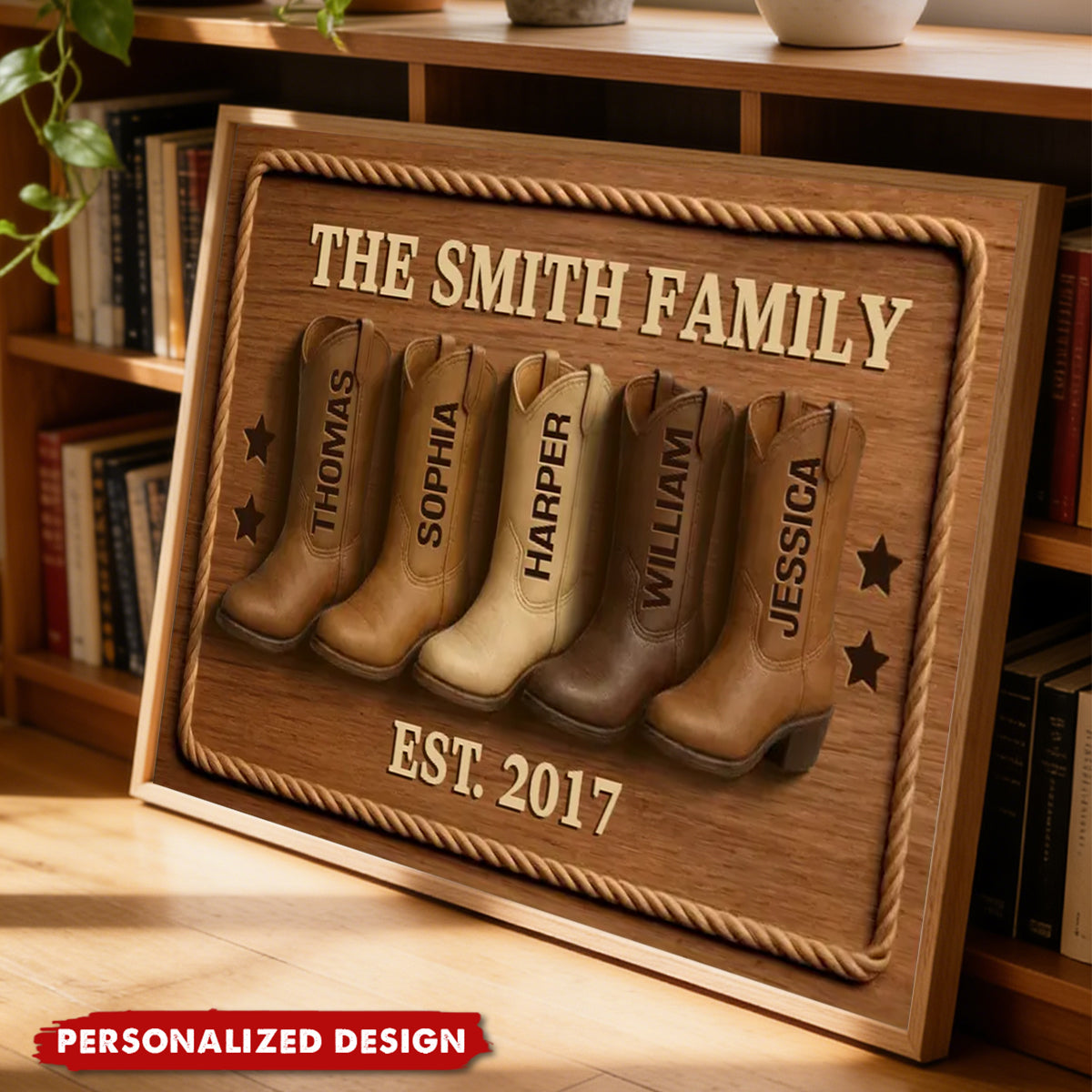 Personalized Western Style Family Cowboy Boots Poster With 2-8Names & Year & Text | Heartwarming Home Decor Gift for Mom Dad Families