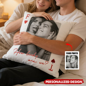 Personalized Romantic Lucky Us Poker-Style Pillow With Names & Photo | Creative Anniversary Valentine's Day Gift For Couples & Soulmates