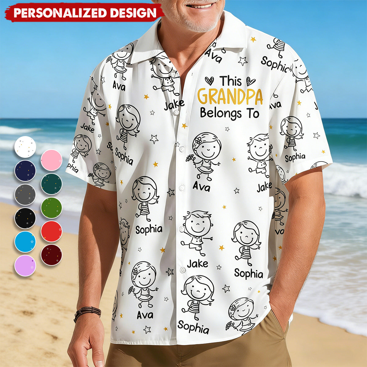 Personalized Tropical Vacation Style Hawaiian Shirt With Grandkids' Doodle Art - Father's Day Gift Family Reunion Outfit For Grandpa