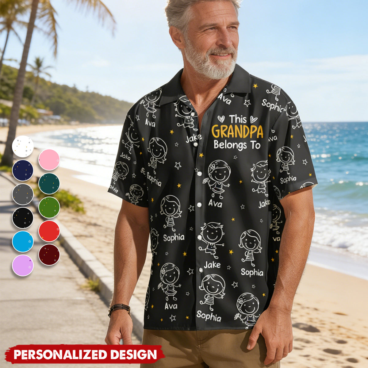 Personalized Tropical Vacation Style Hawaiian Shirt With Grandkids' Doodle Art - Father's Day Gift Family Reunion Outfit For Grandpa