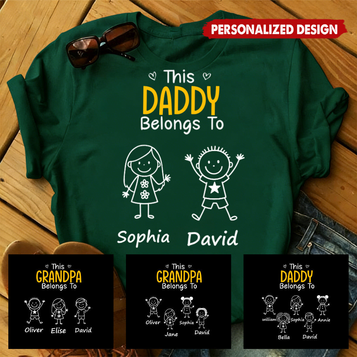 Personalized "This Belongs To" Unisex T-Shirt With Stick Figure Kids & Names - Creative Father's Day Birthday Gift For Dad & Grandpa