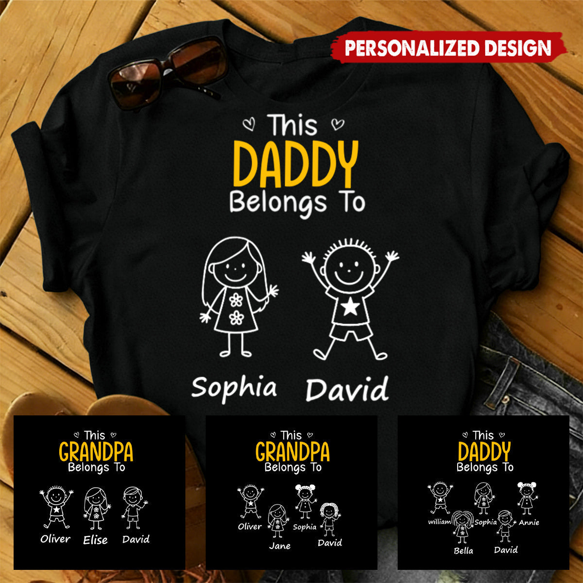 Personalized "This Belongs To" Unisex T-Shirt With Stick Figure Kids & Names - Creative Father's Day Birthday Gift For Dad & Grandpa