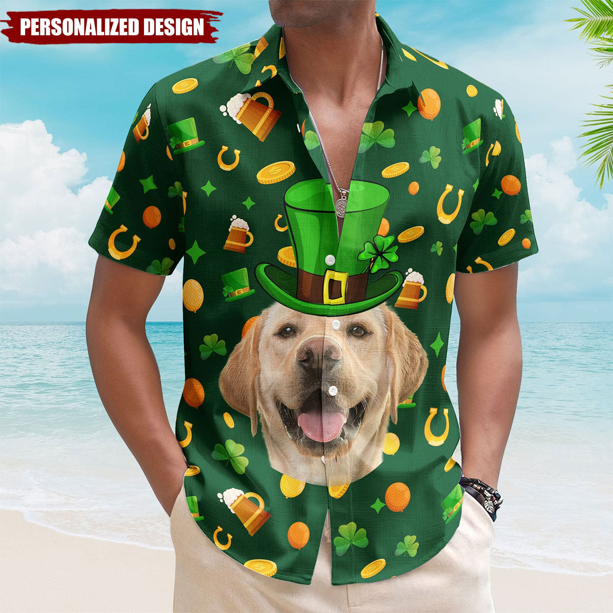 Personalized Lucky Shamrock Pattern Leprechaun Hat & Beer  Hawaiian Shirt With Bespoke Face - St. Patrick's Day Outfit For Dog & Cat Lovers