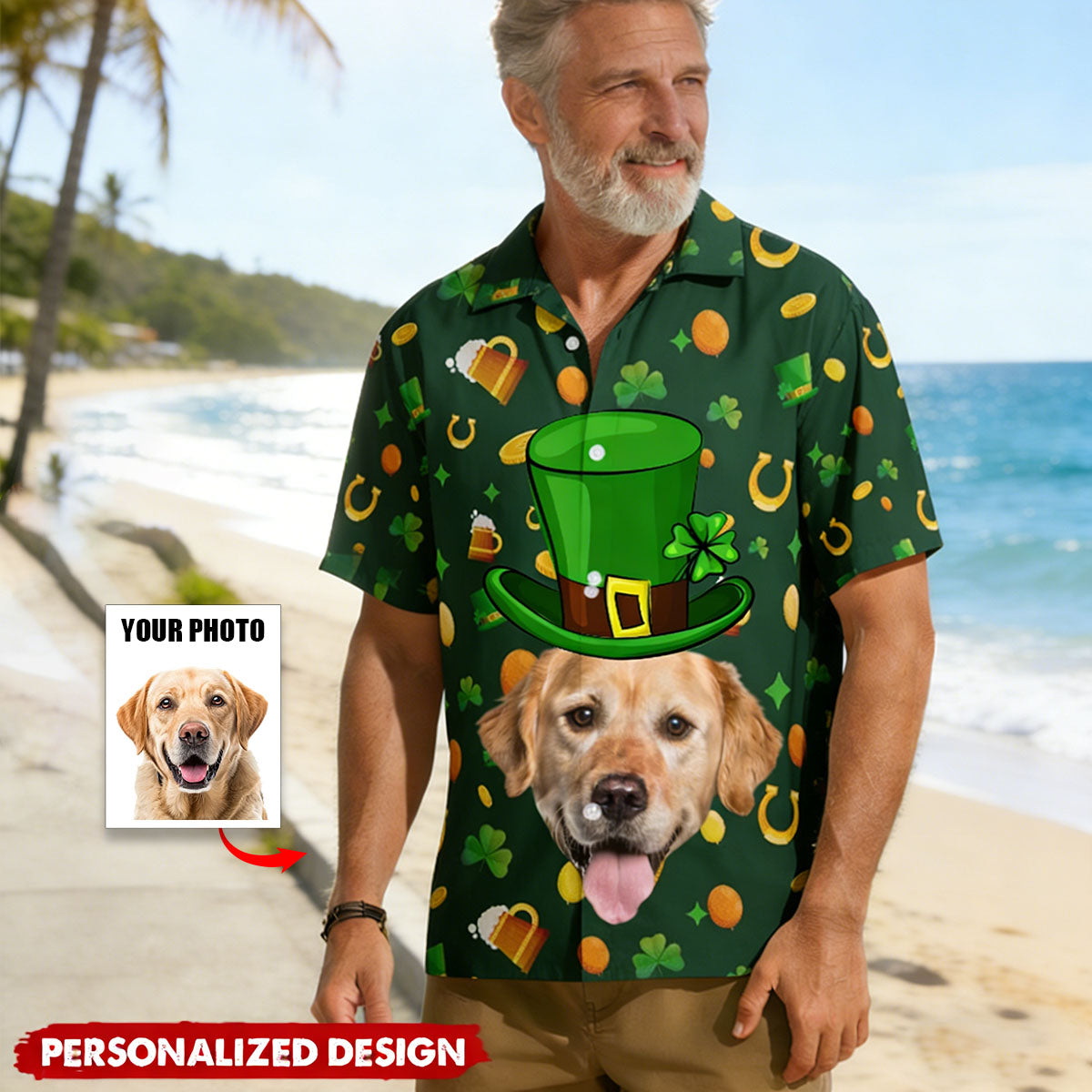 Personalized Lucky Shamrock Pattern Leprechaun Hat & Beer  Hawaiian Shirt With Bespoke Face - St. Patrick's Day Outfit For Dog & Cat Lovers