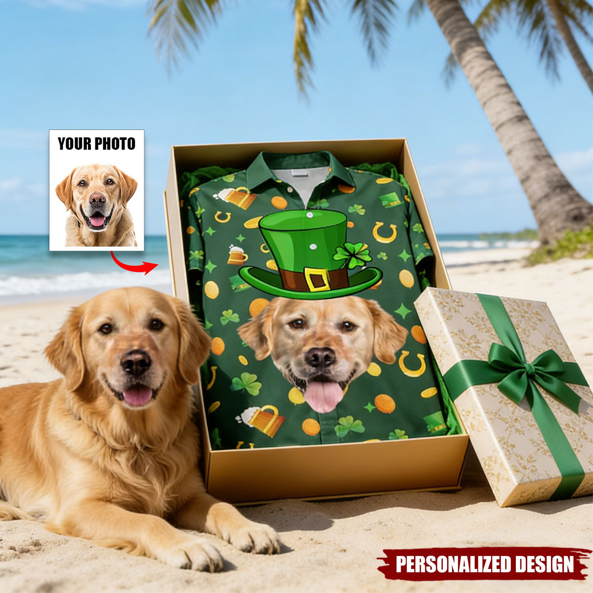 Personalized Lucky Shamrock Pattern Leprechaun Hat & Beer  Hawaiian Shirt With Bespoke Face - St. Patrick's Day Outfit For Dog & Cat Lovers