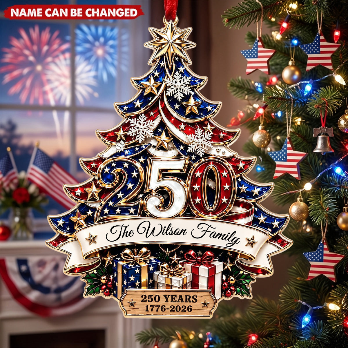 Personalized Surname Acrylic Ornament With 250th Christmas Tree Decor For Family