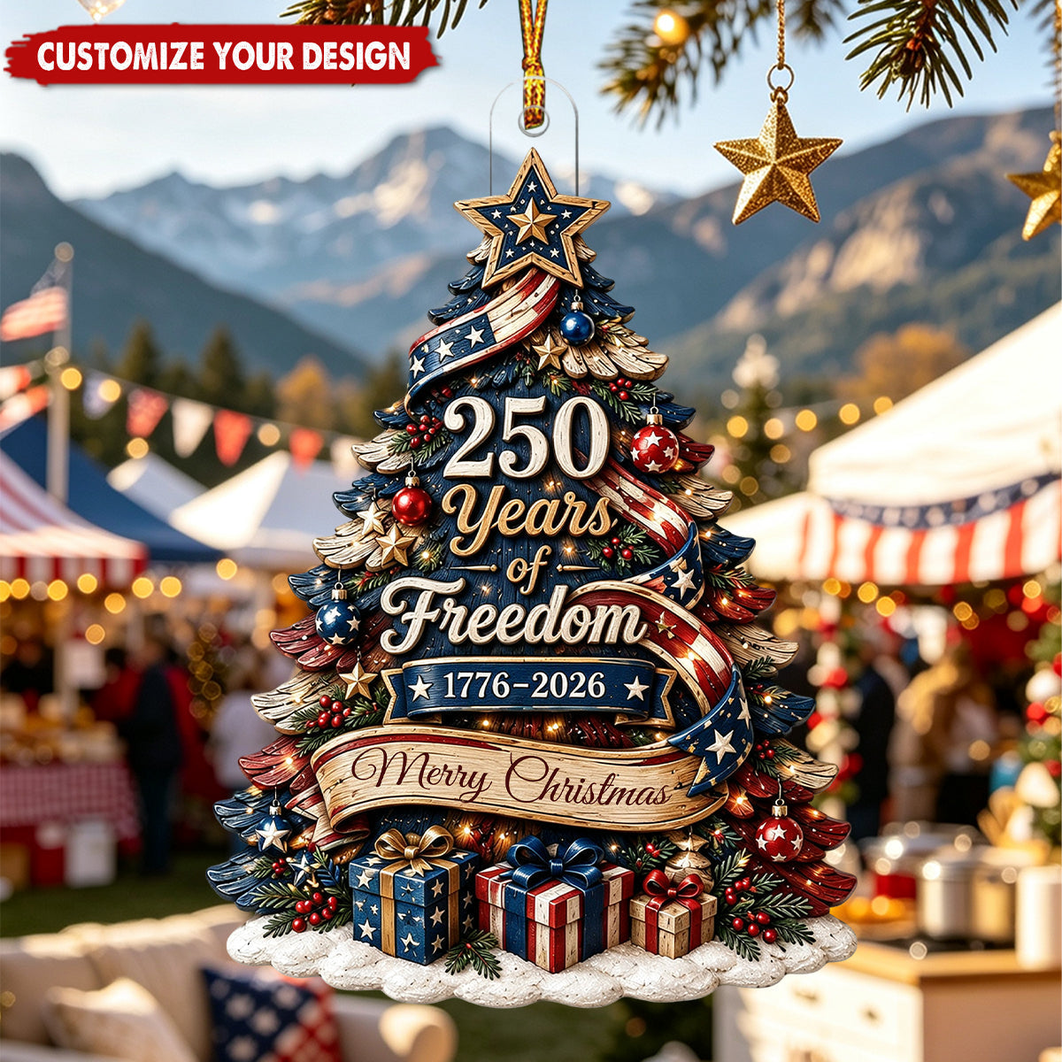 Personalized Surname Acrylic Ornament With 250 Years Of Freedom Christmas Tree For Family Present