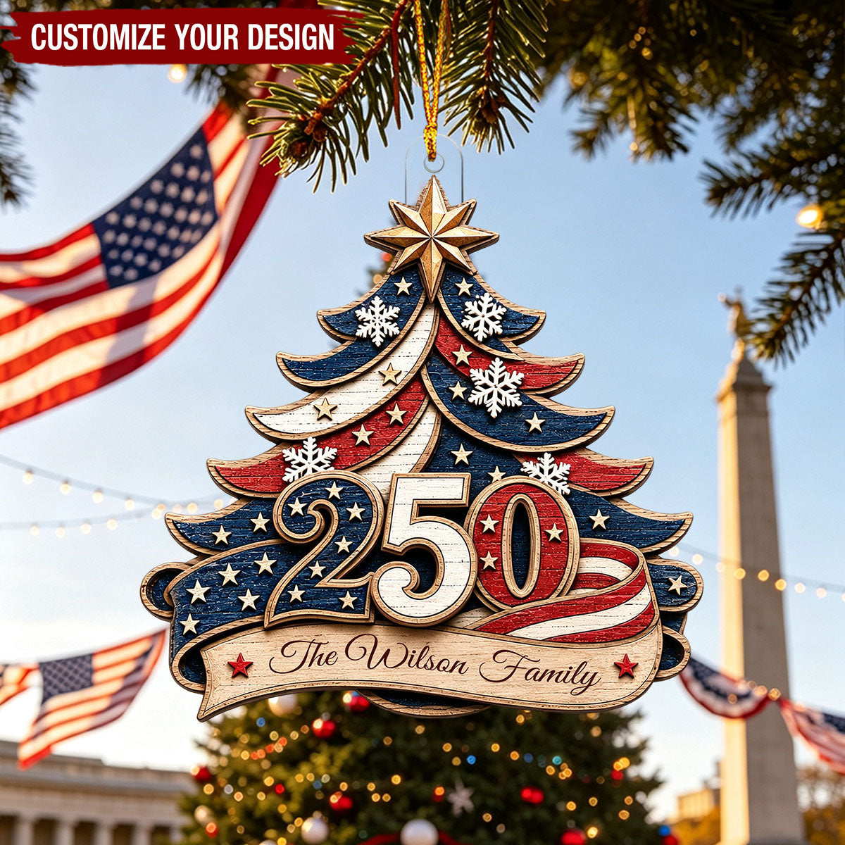 Personalized Family Name Acrylic Ornament With 250th USA Flag Tree For Christmas Gift