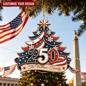 Personalized Family Name Acrylic Ornament With 250th USA Flag Tree For Christmas Gift