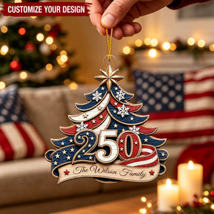 Personalized Family Name Acrylic Ornament With 250th USA Flag Tree For Christmas Gift