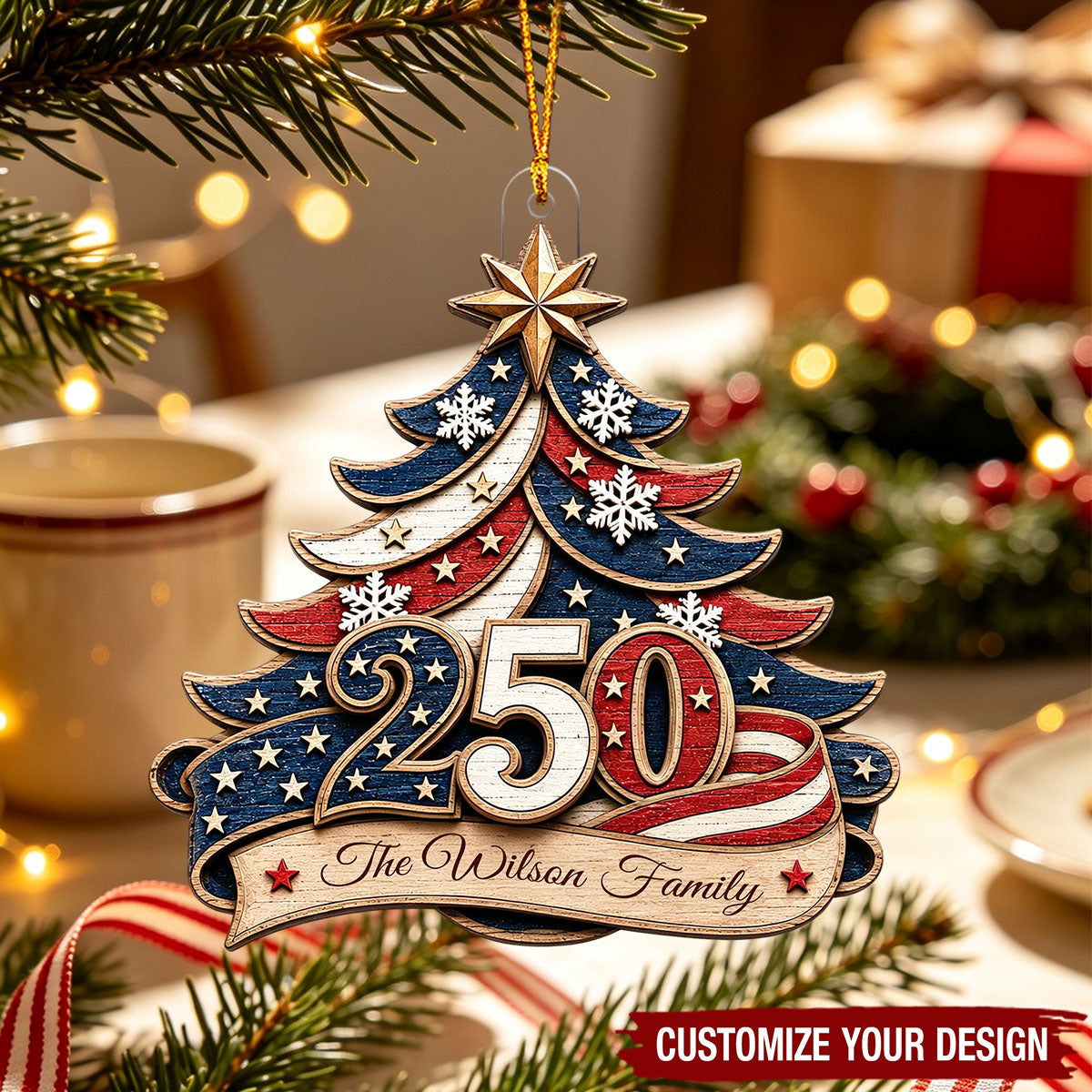 Personalized Family Name Acrylic Ornament With 250th USA Flag Tree For Christmas Gift