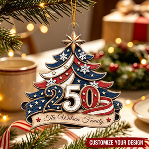 Personalized Family Name Acrylic Ornament With 250th USA Flag Tree For Christmas Gift