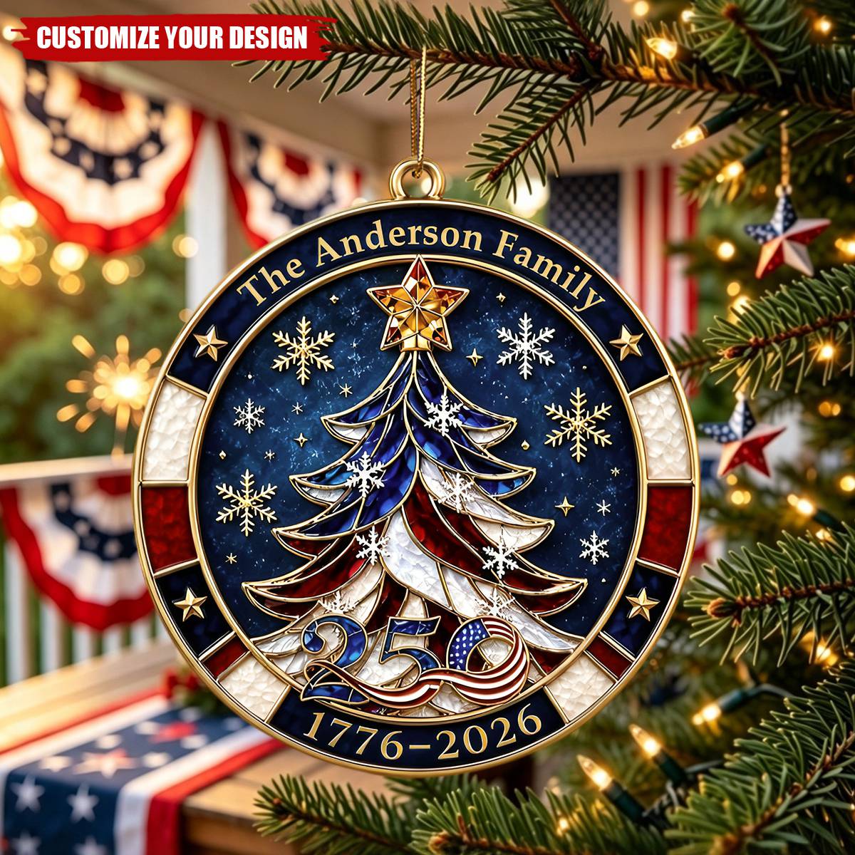 Personalized Family Name Acrylic Ornament With Flag Tree Snowflake For Christmas Gift