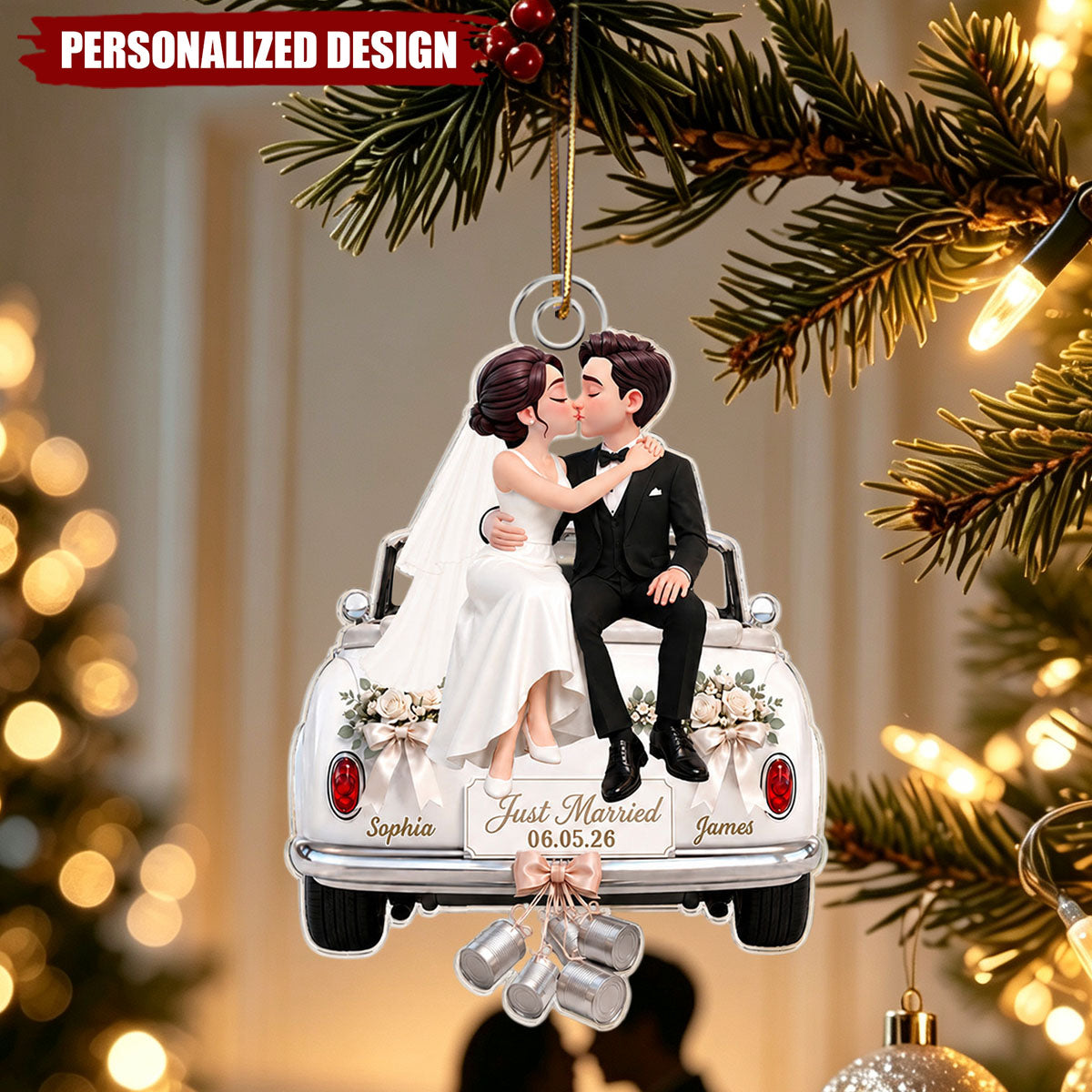 Personalized Name Date Wedding Car Ornament With Kissing Bride Groom For Couple Christmas Gift
