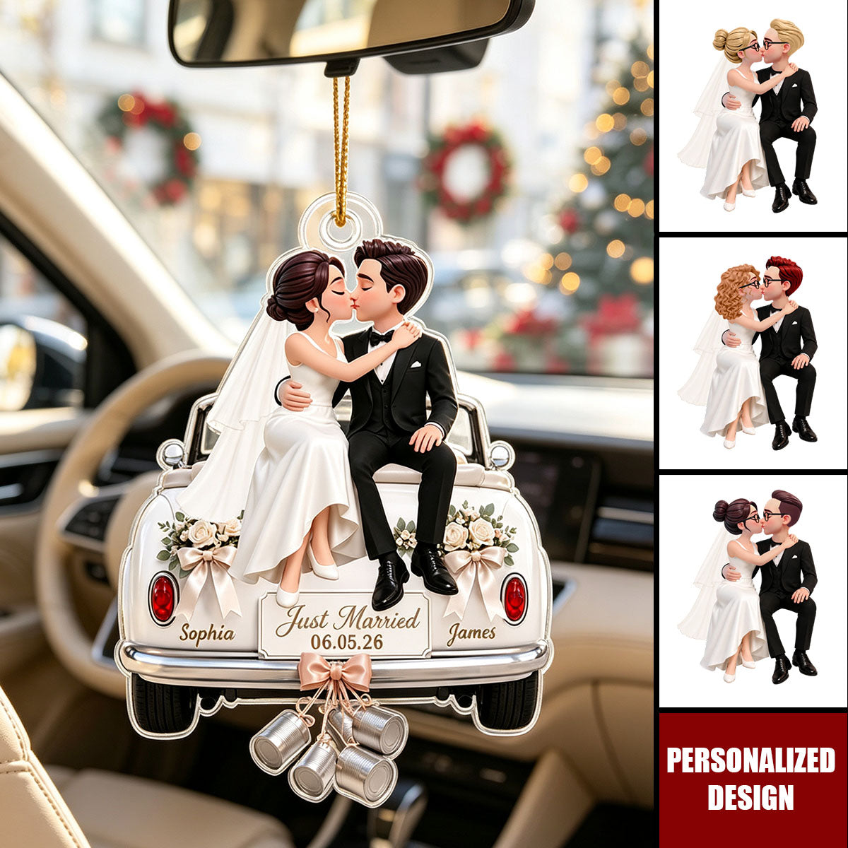 Personalized Name Date Wedding Car Ornament With Kissing Bride Groom For Couple Christmas Gift