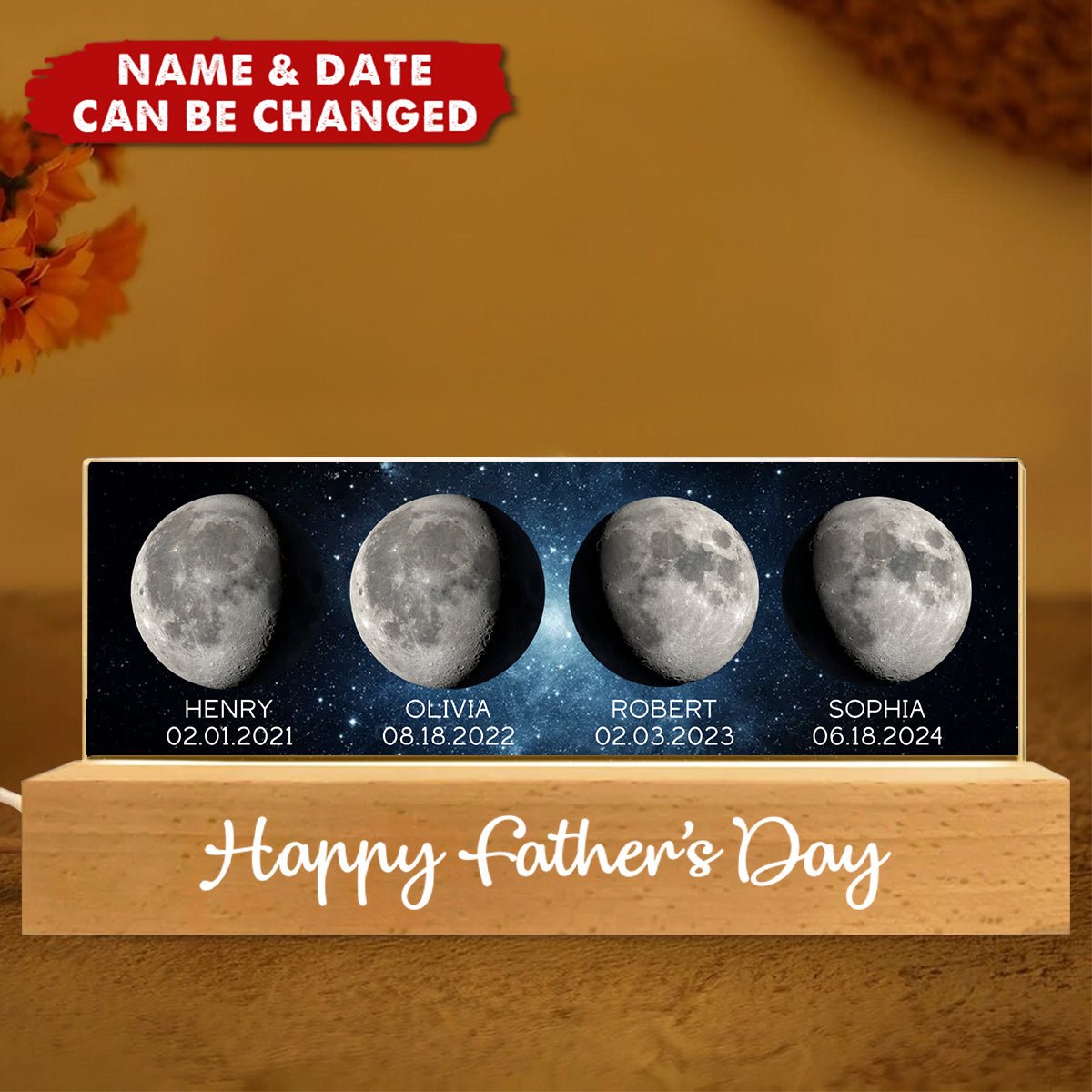Personalized "The Day You Became Our Dad" LED Night Light With Moon Phases Names And Year,Perfect Thank You Gift For Dad On Father's Day & Birthday