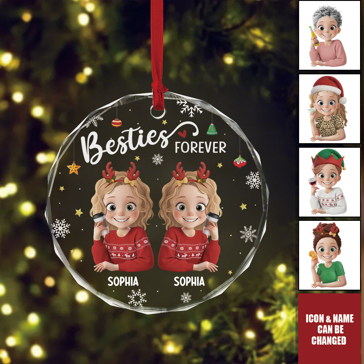 Personalized "Sisters Forever" Christmas Glass Ornament  With Icon & Name,Best Friend Birthday Gifts For Women Besties Sisters BFF
