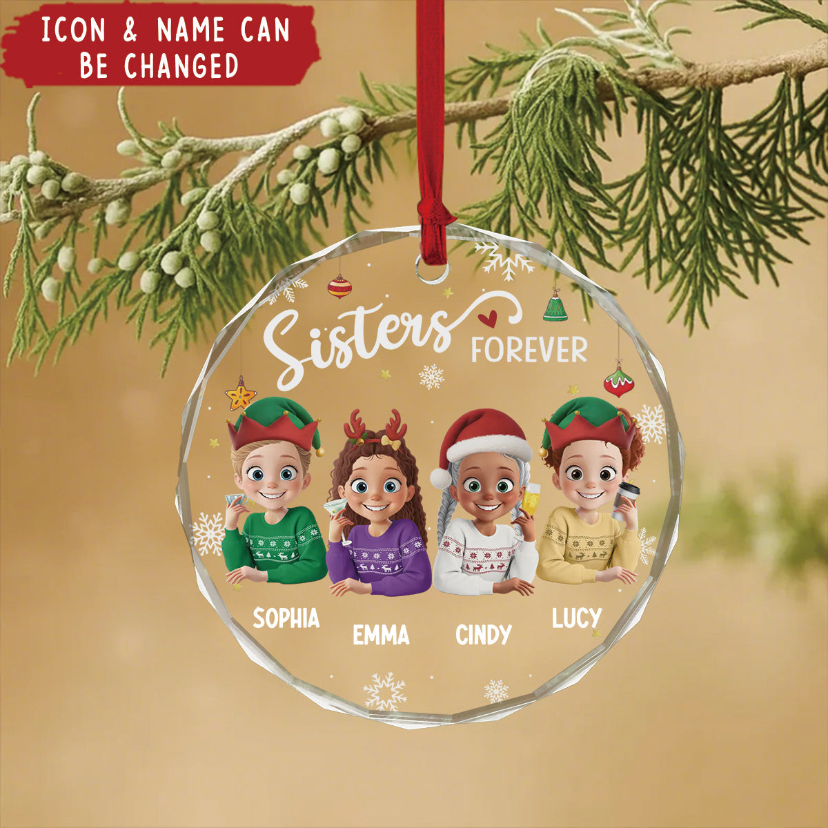 Personalized "Sisters Forever" Christmas Glass Ornament  With Icon & Name,Best Friend Birthday Gifts For Women Besties Sisters BFF