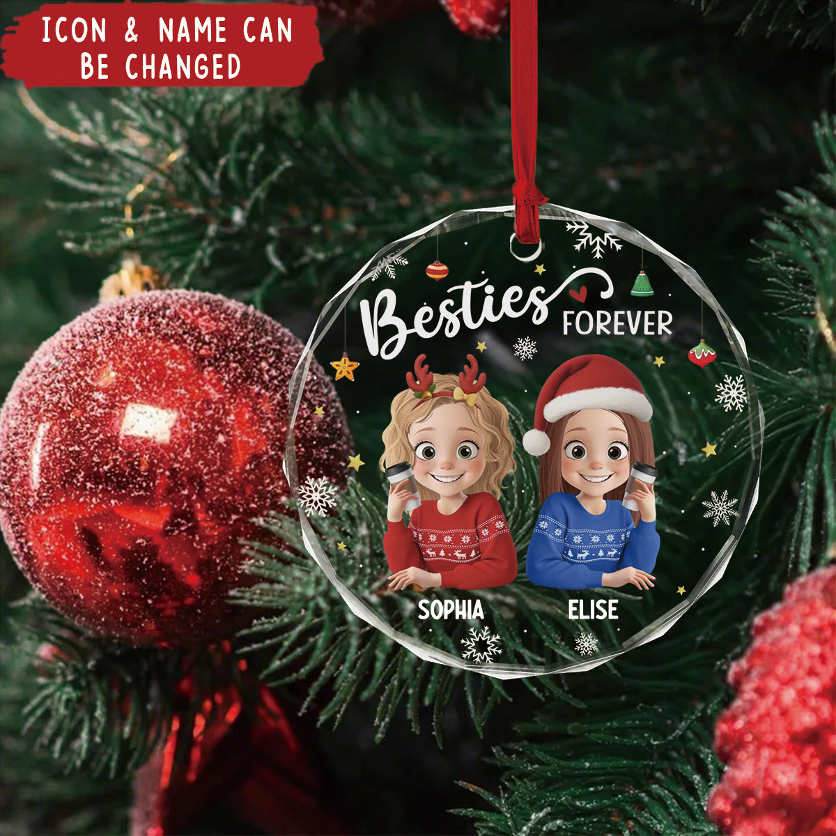 Personalized "Sisters Forever" Christmas Glass Ornament  With Icon & Name,Best Friend Birthday Gifts For Women Besties Sisters BFF