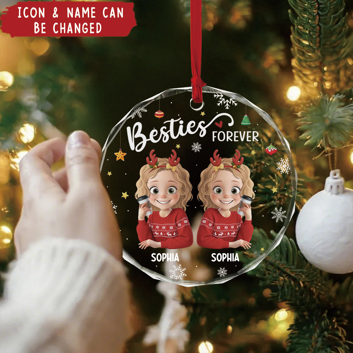 Personalized "Sisters Forever" Christmas Glass Ornament  With Icon & Name,Best Friend Birthday Gifts For Women Besties Sisters BFF
