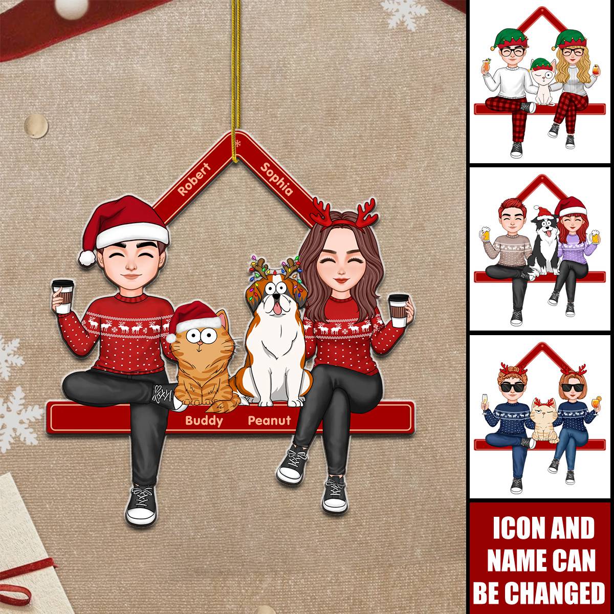 Personalized Cute Couple Sitting With Dogs Cats Ornament With Names & Icons,Special Xmas Gift For Dog & Cat Lovers