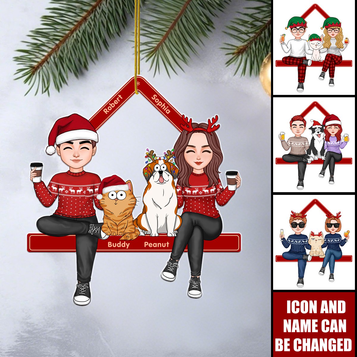 Personalized Cute Couple Sitting With Dogs Cats Ornament With Names & Icons,Special Xmas Gift For Dog & Cat Lovers