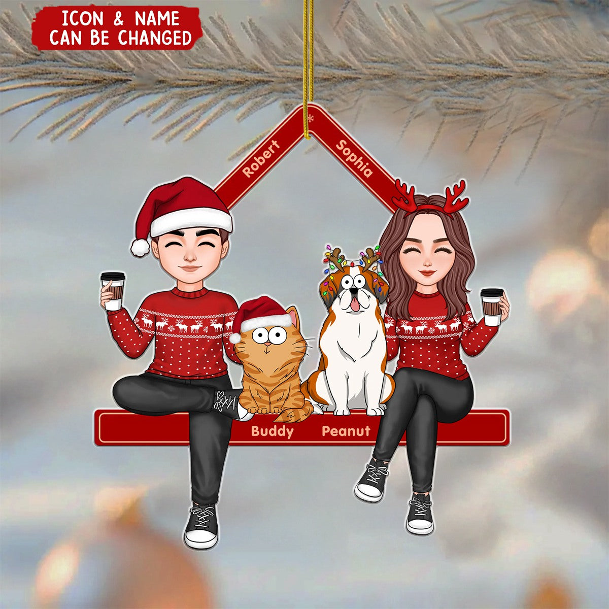 Personalized Cute Couple Sitting With Dogs Cats Ornament With Names & Icons,Special Xmas Gift For Dog & Cat Lovers