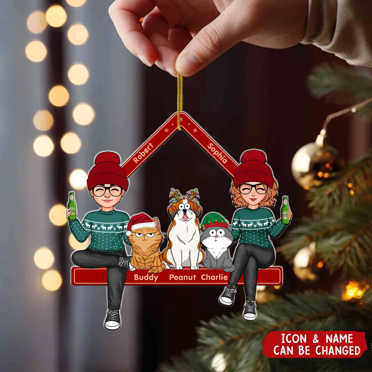 Personalized Cute Couple Sitting With Dogs Cats Ornament With Names & Icons,Special Xmas Gift For Dog & Cat Lovers