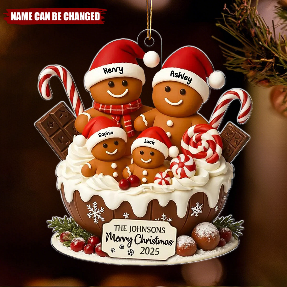 Personalized Gingerbread Family chocolate bowl Christmas Ornament With Names and Year,Sweet Christmas Gift For Family