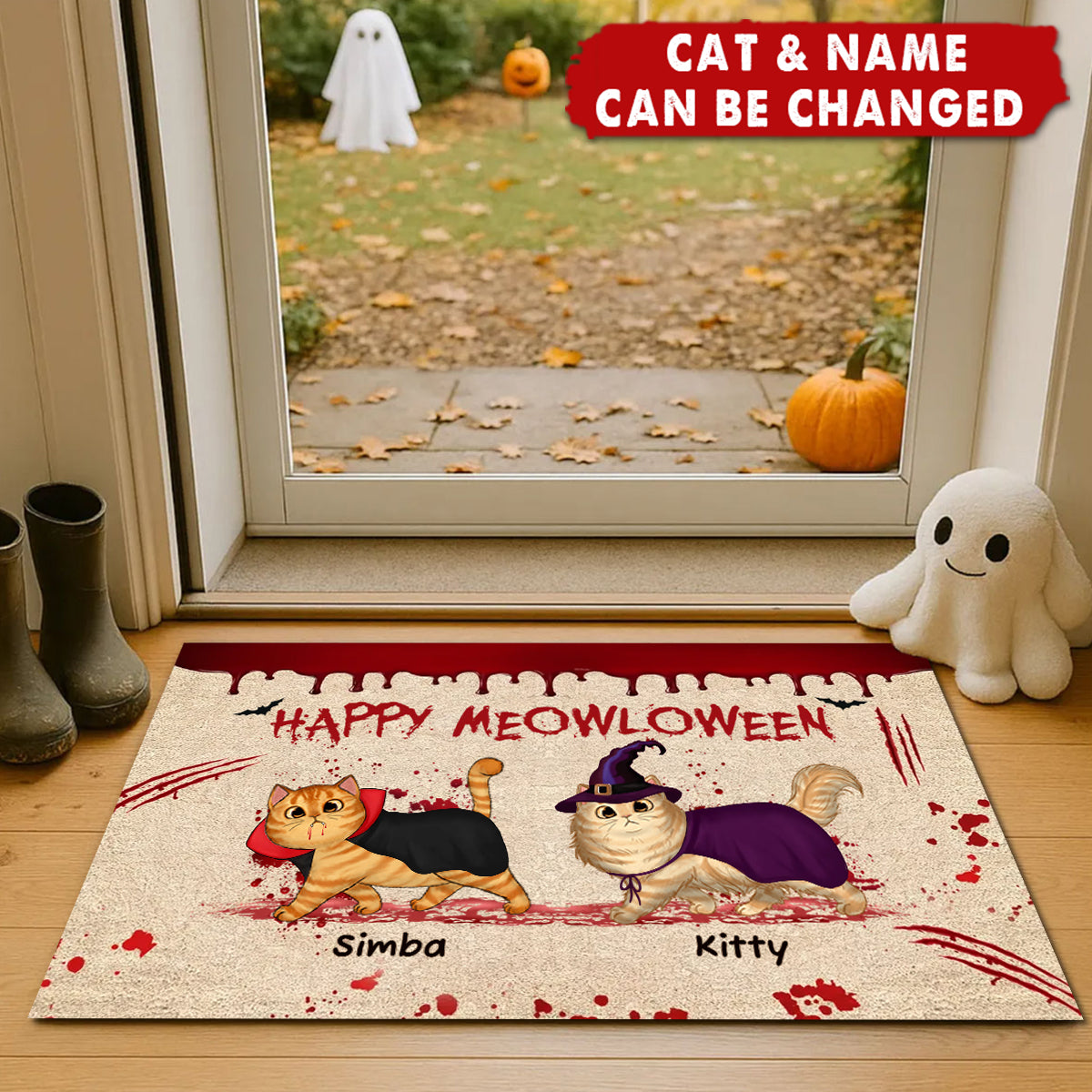 Personalized "Happy Meowloween Spooky" Doormat With Cat Names & Design,Unique Halloween Welcome Mat To Decorate Your New Home