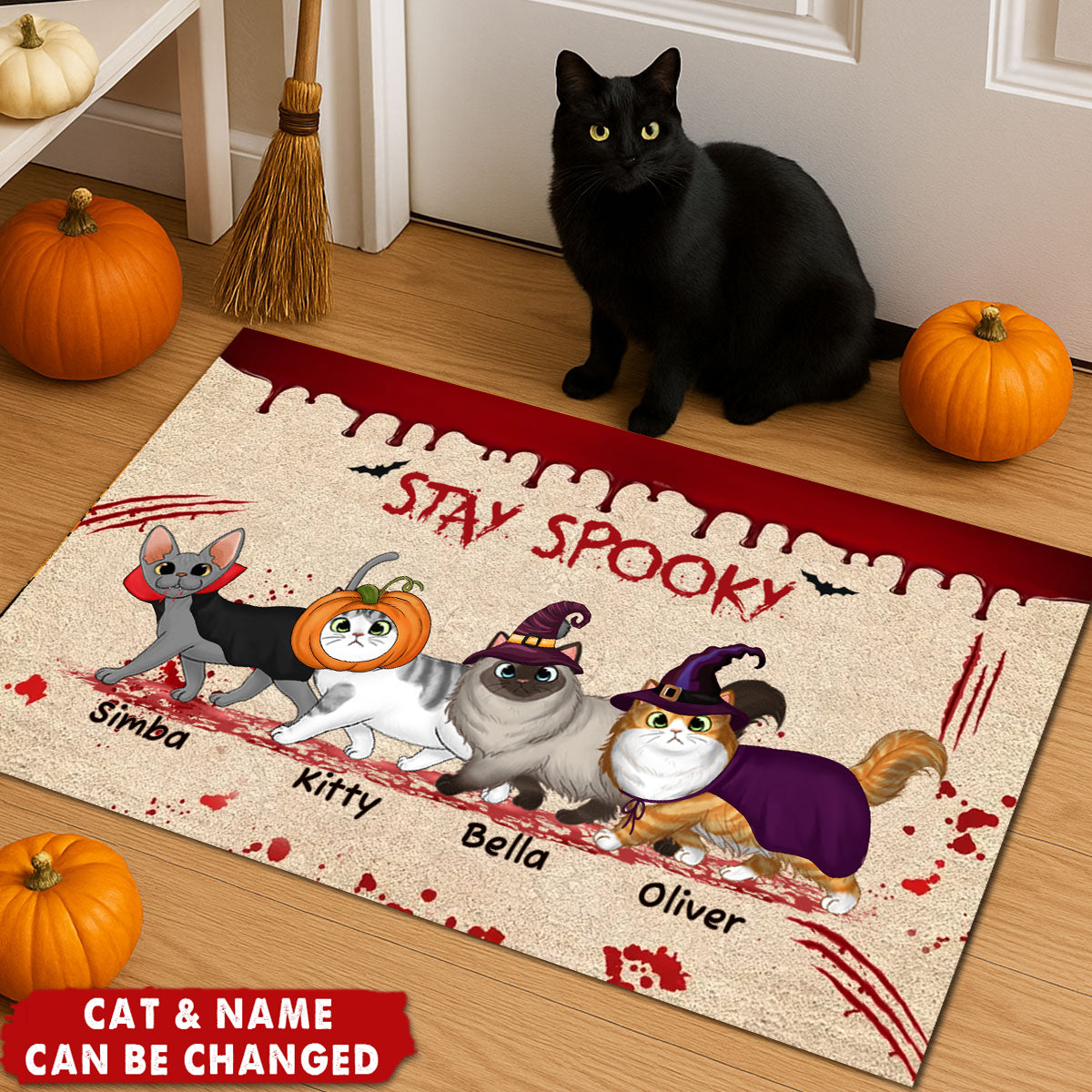 Personalized "Happy Meowloween Spooky" Doormat With Cat Names & Design,Unique Halloween Welcome Mat To Decorate Your New Home