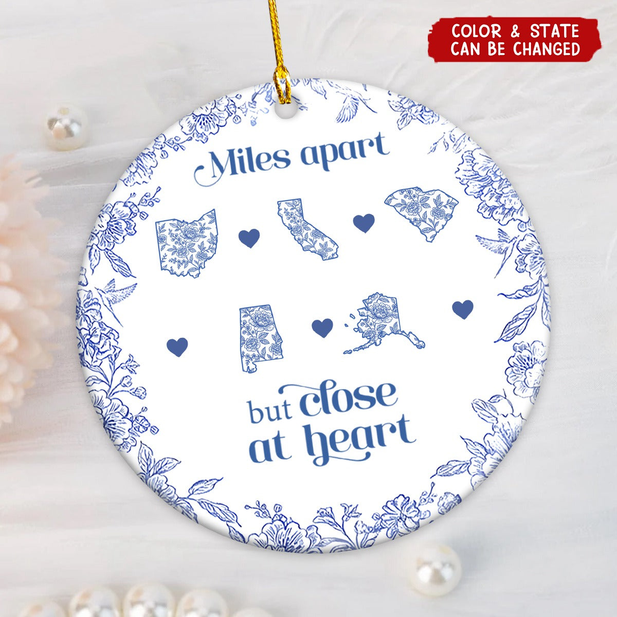 Personalized "Miles Apart,But Close at Heart" Family Ornament With States Map Design Unique Gifts For Long Distance Family