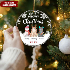 Personalized "Meowy Christmas" Glass Ornament With 1-6 Cats Name And Year Perfect For Christmas & Birthday Gifts For Cat Lover