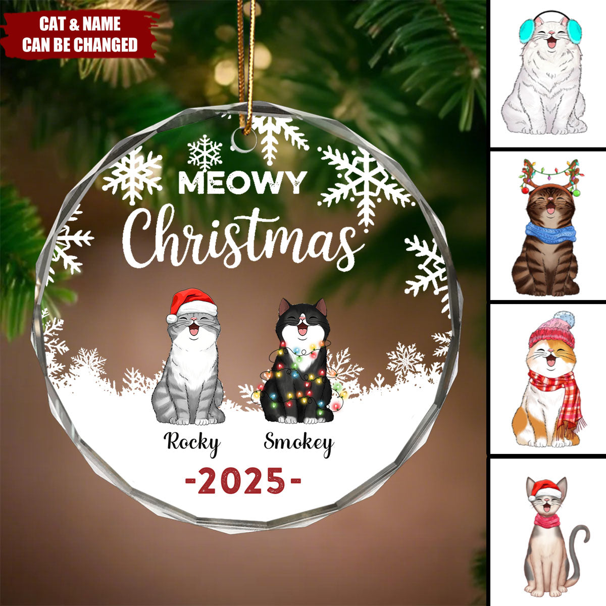 Personalized "Meowy Christmas" Glass Ornament With 1-6 Cats Name And Year Perfect For Christmas & Birthday Gifts For Cat Lover