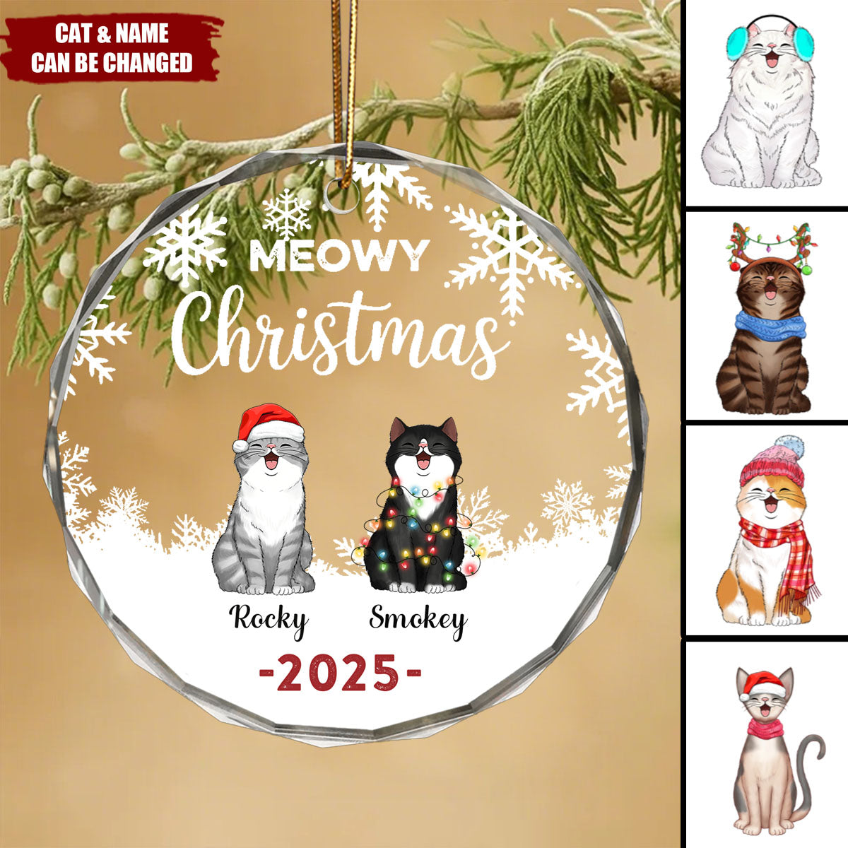 Personalized "Meowy Christmas" Glass Ornament With 1-6 Cats Name And Year Perfect For Christmas & Birthday Gifts For Cat Lover
