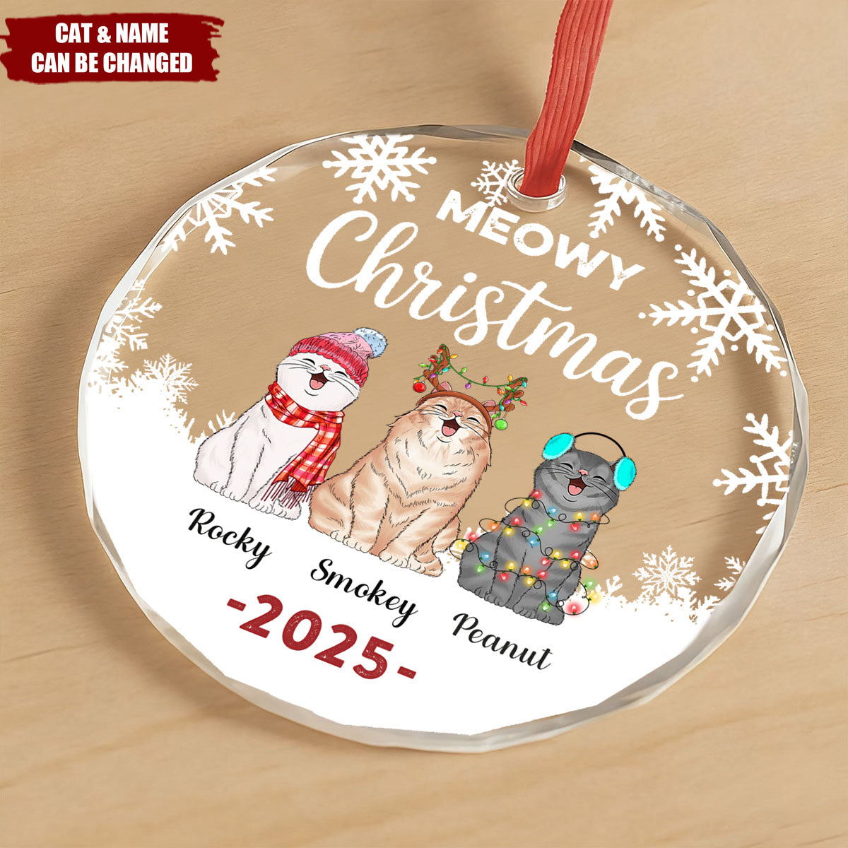 Personalized "Meowy Christmas" Glass Ornament With 1-6 Cats Name And Year Perfect For Christmas & Birthday Gifts For Cat Lover