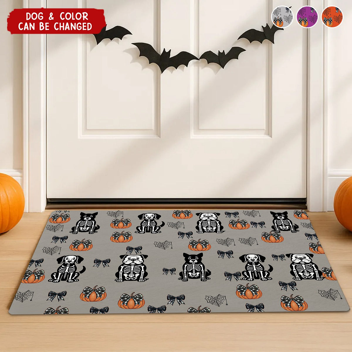 Personalized Halloween Dog Skeleton Pattern Runner Rug With Dog & Rug Color Add Unique Cuteness To Halloween For Dog Lover