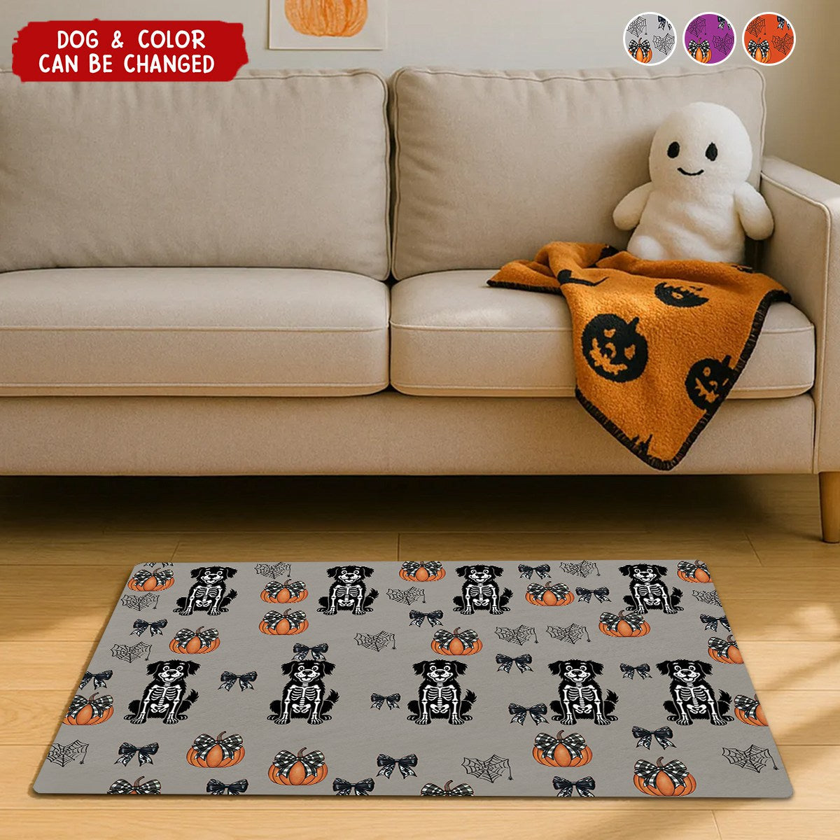 Personalized Halloween Dog Skeleton Pattern Runner Rug With Dog & Rug Color Add Unique Cuteness To Halloween For Dog Lover